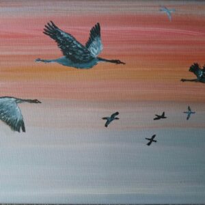 „Kranichflug am Morgen“ – Kunstdruck auf Leinwand